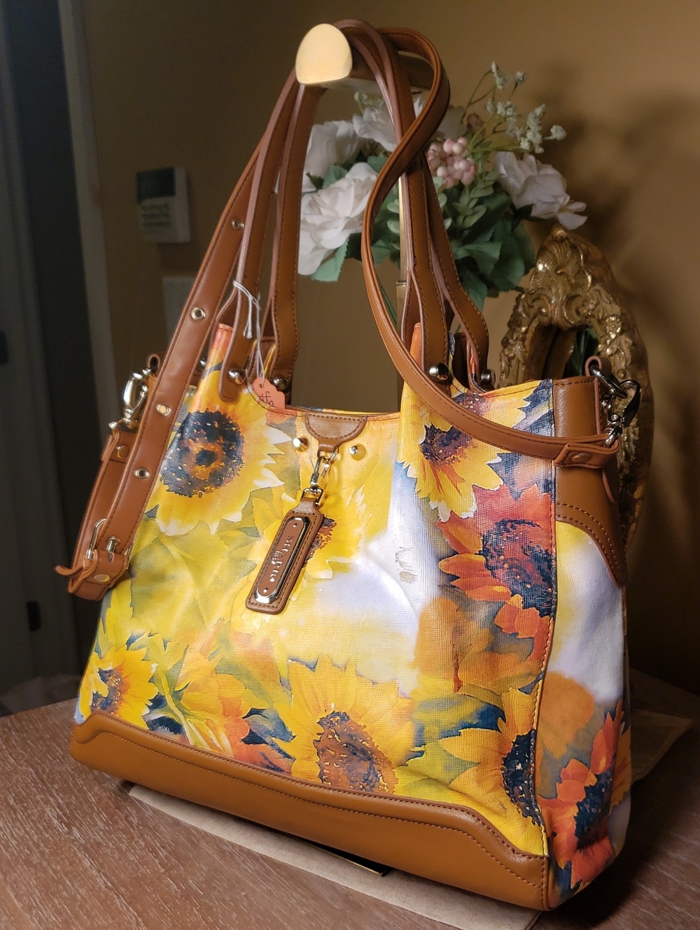 Sharif Sunflower Print Canvas & Leather Crossbody Tote (Retail $260) - Picture 3 of 12